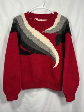 Women's Handmade Heavyweight Red Abstract Wave Crewneck Sweater Size S/M